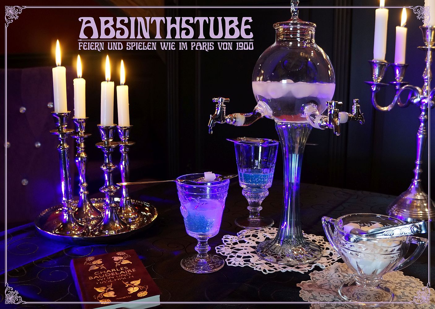 Absinthfontaine mit Absinthgläsern Absinthlöffel mit Charles Baudelaire